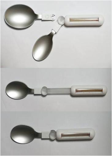 劉伯祥老師所發明的兒童湯匙，可依照使用者的慣用手（左手或右手），調整湯匙杓的方向