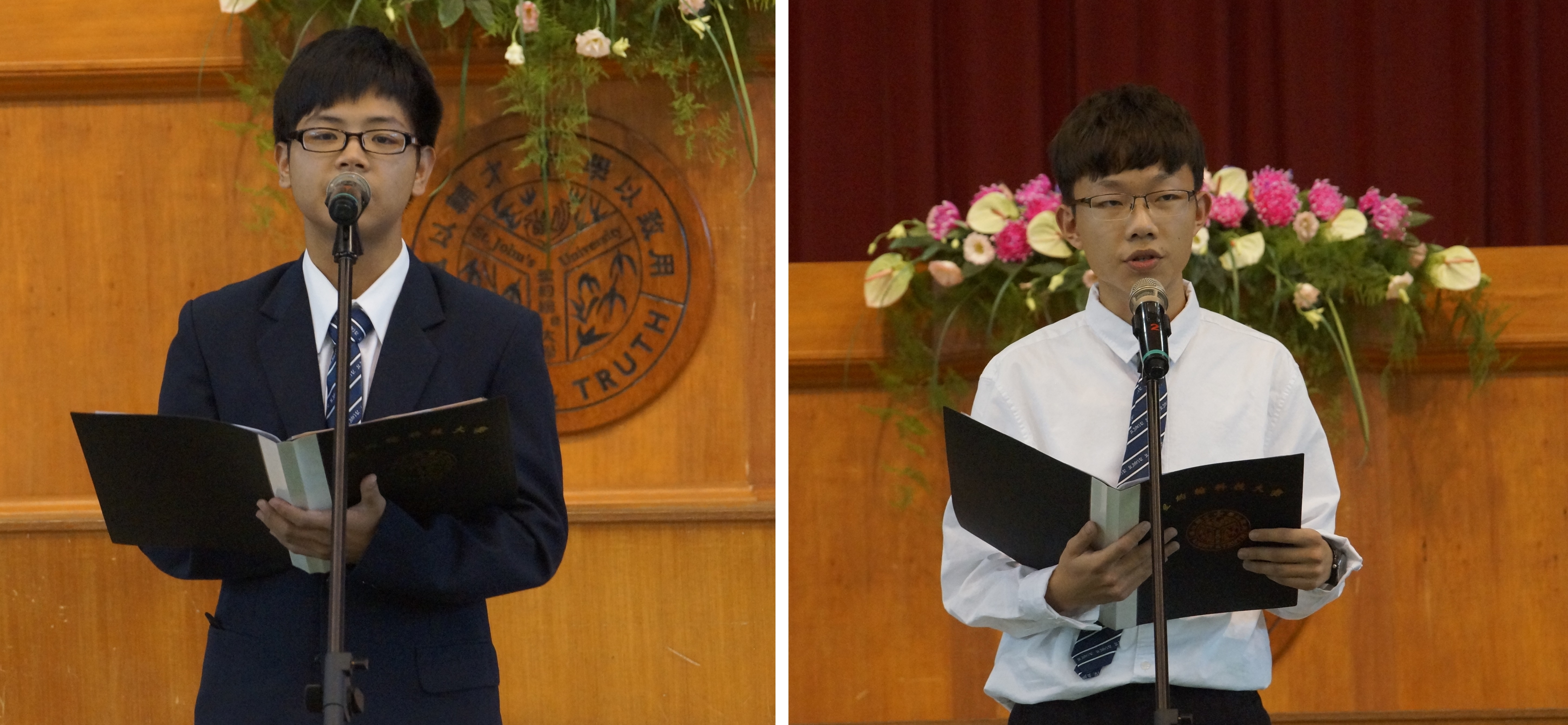 學生代表張詠翔(左)及朱思遠(右)分別使用中英文致詞