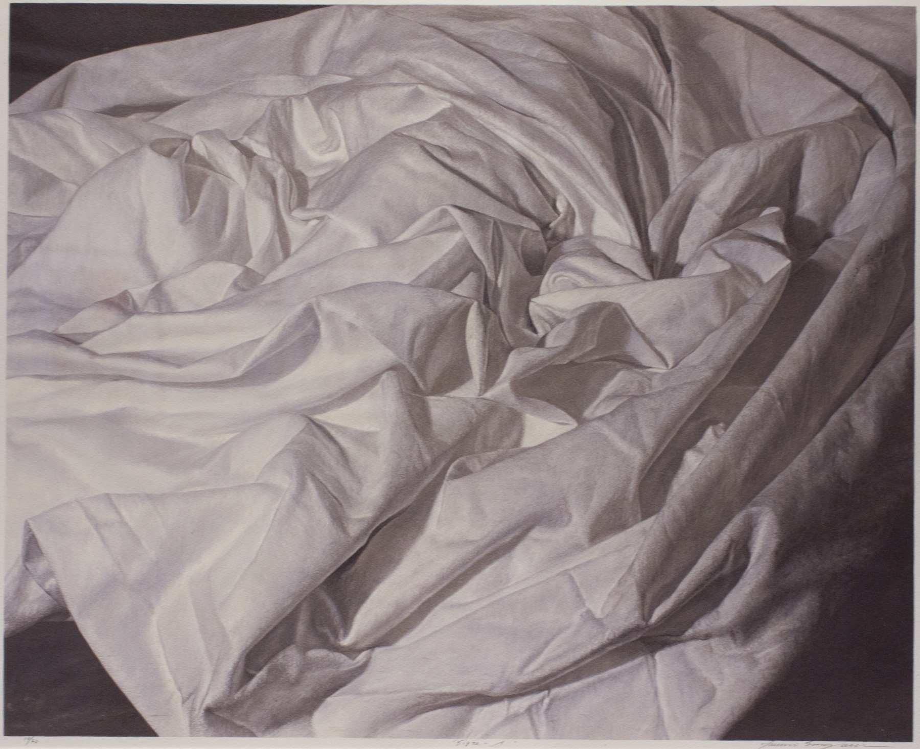 日本平版大師園山晴巳擅長用細膩寫實的平版技法表達生活中的靜物，「預兆」系列作品一筆筆勾勒出床單皺褶的痕跡紋路，栩栩如生。